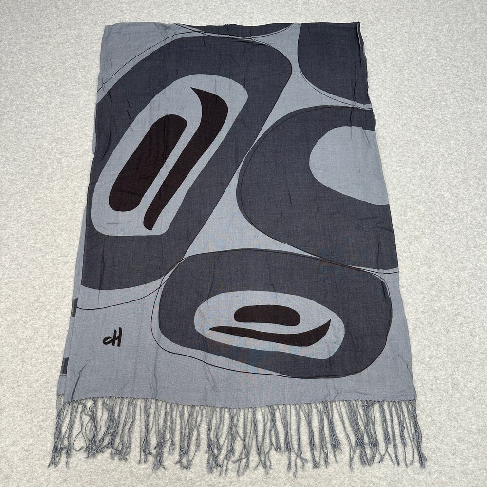 Corrine Hunt Scarf Gray Black Abstract Fringe Wrap Shawl Wool Blend Minimalist - Picture 6 of 10